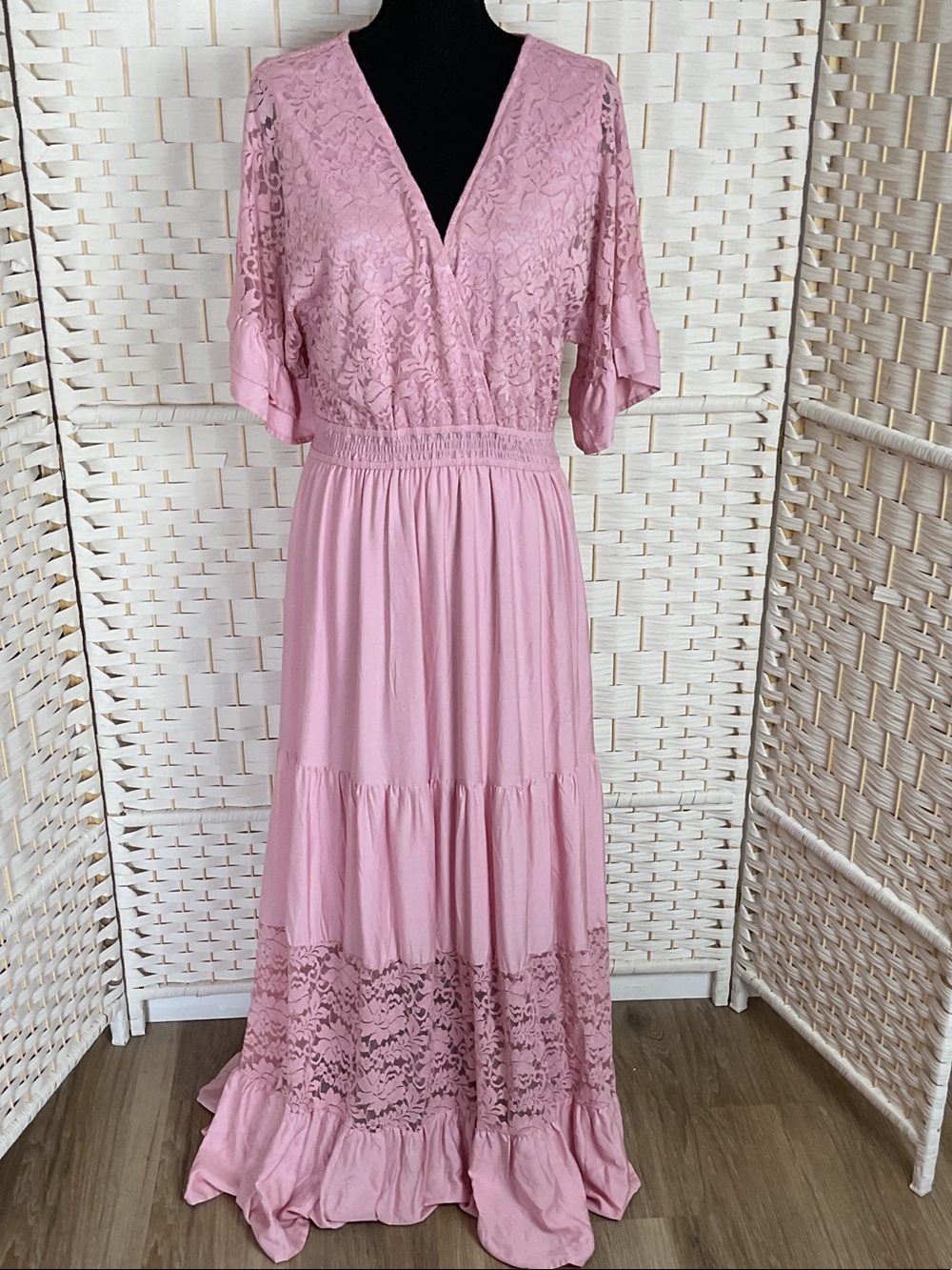 Simple Dusty Pink Lace Tiered Maxi Dress